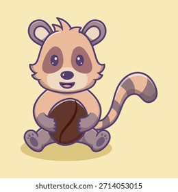 Cute Civet Holding Coffee Beans Ilustración de Vector de dibujos animados. Icono de comida animal concepto aislado Premium Vector.