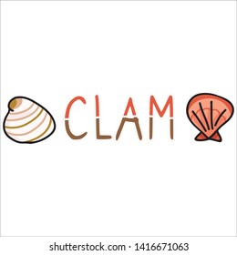 Cute clam text cartoon vector illustration motif set. Hand drawn isolated marine life elements. Clipart for ocean text blog, mollusk graphic, nautilus web buttons. 