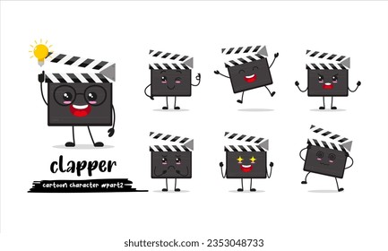 cute clapper board cartoon with many expressions. slate board different activity pose vector illustration flat design set.