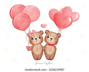 cute classic couple brown teddy bears  boy   girl hold hand and heart shape balloons Happy Valentine  adorable cartoon watercolour hand drawn vector illustration 