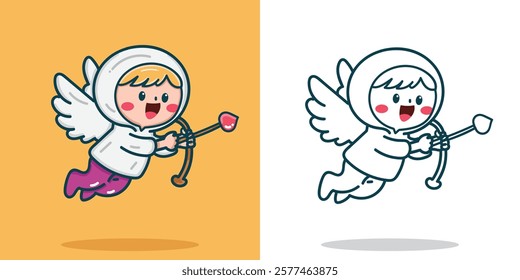 a cute classic cupid with bow and arrow with love wearing a white hoodie