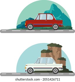 cute classic european car on mountain background.