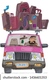A cute classic european car with roof trunk full of luggage. Cartoon. Caricature.