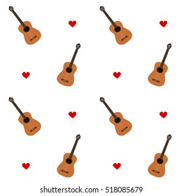 cute classic guitars seamless vector pattern background illustration with red hearts