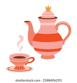 Cute classic porcelain teapot and cup with steam, tea time concept. Trendy modern vector illustration isolated on white background, hand drawn, flat design