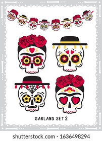 Cute classic sugar skulls set for Day of the Dead party garland. Vector cartoon design of male and female skulls in traditional mexican style.