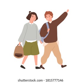 Cute classmates hurry to primary school together vector flat illustration. Smiling pupils or students carry backpack or schoolbag going to lesson isolated. Boy and girl friends walking and talking