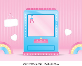 cute claw machine with kawaii rainbow on sweet pastel pink background graphic vector 