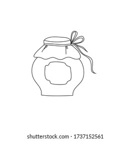 Cute clay pot. A pot of honey or jam. Kitchenware. Environmentally friendly material for honey. Black and white vector doodle illustration isolated on white background.