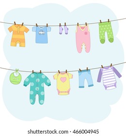 Cute Clean Baby Clothes Hanging On Ropes. T-shirt, Dress, Romper, Bodysuit, Pants, Bib, Socks. Icon Collection Or Elements For Baby Shower Invitation. Vector Illustration In Cartoon Style