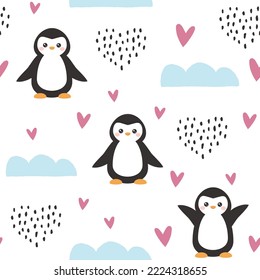 cute clean happy penguins pink heart baby girl bedding vector pattern design, kids neutral white background scandinavian clouds and dashed heart. Fabric and textile children motif print.