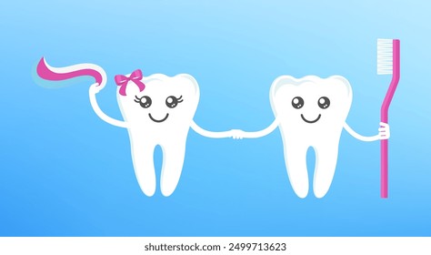 Cute clean happy teeth holding hands. Funny smile tooth characters. Dental health, dentistry concept. Oral hygiene. Flat cartoon vector illustration for childrens clinic.