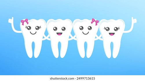 Cute clean happy teeth hug each other. Dental health, dentistry concept. Oral hygiene. Flat cartoon vector illustration for childrens clinic.