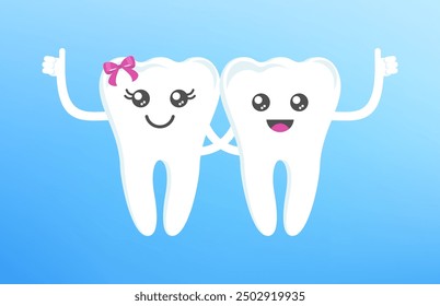 Cute clean happy teeth hug each other. Dental health, dentistry concept. Oral hygiene. Flat cartoon vector illustration for childrens clinic.