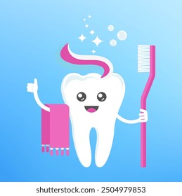 Cute clean happy tooth holds a toothbrush and a towel. Dental health, dentistry concept. Oral hygiene. Flat cartoon vector illustration for childrens clinic.