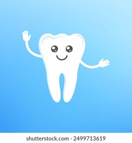 Cute clean healthy happy tooth smiling and waving cheerfully. Funny cute smile teeth characters. Dental health, dentistry concept. Oral hygiene. Flat cartoon vector illustration for childrens clinic.