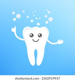 Cute clean healthy happy tooth smiling and waving cheerfully. Funny cute smile teeth characters. Dental health, dentistry concept. Oral hygiene. Flat cartoon vector illustration for childrens clinic.