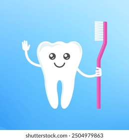 Cute clean healthy happy tooth smiling, holding toothbrush and waving cheerfully. Dental health, dentistry concept. Oral hygiene. Flat cartoon vector illustration for childrens clinic.