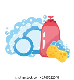 Cute clean plates, sponge and detergent bottle with bubbles and foam isolated on white background. Hand drawn vector illustration in cartoon style.