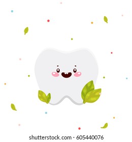Cute clean tooth and mint, cartoon character, oral dental hygiene, vector.