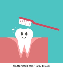 Diente limpio lindo con carácter de cepillo de dientes Ilustración portadora de dientes blanco feliz	diente de groovy
