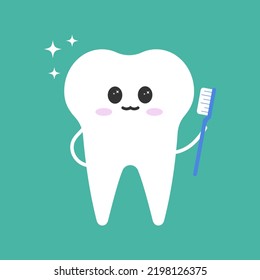 Cute clean tooth with toothbrush and toothpaste character White tooth vector illustration happy and smile. Denistry character super tooth, ideal and clean tooth for children's dentistry