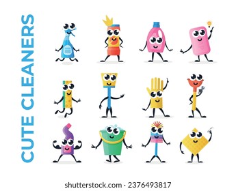 Cute-Reinigungs-Charakter mit großen Augen lustige Emotionen Set Vektorgrafik. Adorable Reiniger Smiley Mascot Seife Schwamm Reinigungsmittel Broom Handschuhstempel Toilette Bürste BucketBuckel andere Emotionen