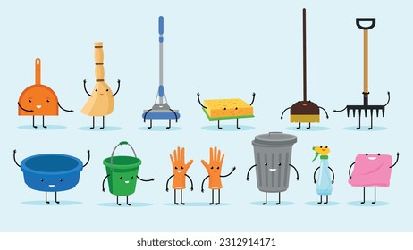 Cute Cleaning Mop and Dustpan Vector Illustration.
