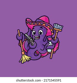 Cute Cleaning Octopus Cartoon Mascot