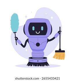 Robô de limpeza bonito com Duster e Vassoura. Ilustrações para sites, landing pages, aplicativos móveis, cartazes e banners