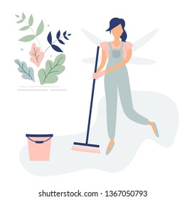 Cute cleaning woman in blue overalls like a butterfly with sweeping brush and bucket.Decorated beautiful leaves and branches.Vector illustration.For ad,logo for cleaning company,leaflets,flyers