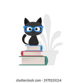 Cute clever black cat in glasses sitting on the stack of books. Education and online learning concept. Vector illustration isolated on white