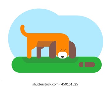 Cute clever dog is smelling a shoe track. Flat design vector illustration.