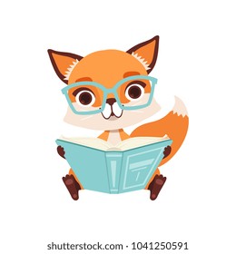 Cute Clever Fox Character Sitting And Reading A Book, Funny Forest Animal Vector Illustration On A White Background