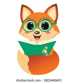 Cute clever fox character sitting and reading a book, funny forest animal vector Illustration on a white background.  Can be used for clothing. For design of album, scrapbook, card and invitation