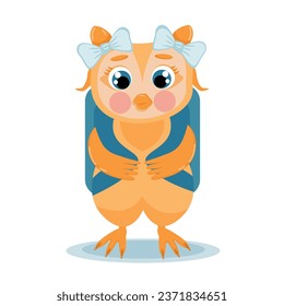 Cute clever owl with a backpack, a funny owl with a school bell, a kind owl with a ruler, an owl with a primer. Vector illustration. EPS 10.