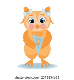 Cute clever owl with a backpack, a funny owl with a school bell, a kind owl with a ruler, an owl with a primer. Vector illustration. EPS 10.