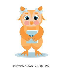 Cute clever owl with a backpack, a funny owl with a school bell, a kind owl with a ruler, an owl with a primer. Vector illustration. EPS 10.