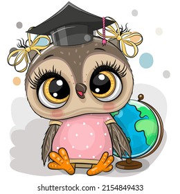 Cute Clever owl with graduation cap and a globe