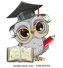 Cute Clever owl with pencil, book and in graduation cap