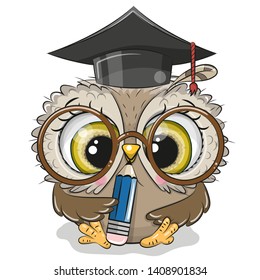 Cute Clever owl with pencil and in graduation cap