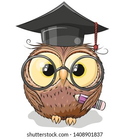 Cute Clever owl with pencil and in graduation cap