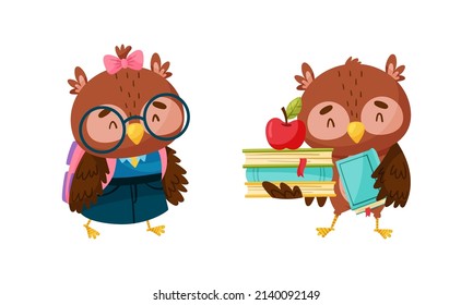 Cute clever owls set. Adorable owlets with backpack and stack of books cartoon vector illustration