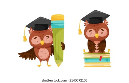 Cute clever owls set. Owlets in graduation cap with pencil and books cartoon vector illustration