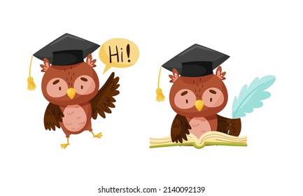 Cute clever owls set. Owlets in graduation cap saying hi and writing with feather cartoon vector illustration