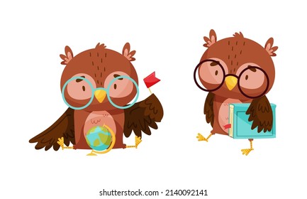 Cute clever owls set. Owlets in glasses with Earth globe and book cartoon vector illustration