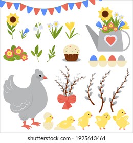 Cute clip art set of first spring flowers and Easter symbols: chickens in different poses, hen, set of eggs, willow branches, watering can. Simple vector cartoon style elements for your designs.