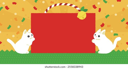 cute clip art of white cat and red good luck bag | colorful and festive background