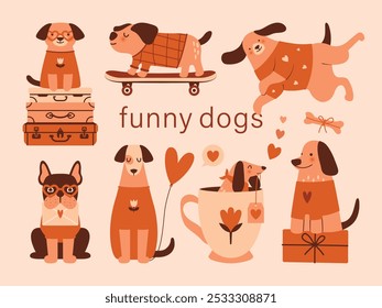 Cute clip arts with various dogs, puppies. Collection of naive illustrations with simple cartoon characters of animals. National Dog Day. French bulldog holding love letter, dog riding on skateboard.