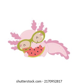 Cute Clipart Axolotl Illustration in Cartoon Style. Cartoon Clip Art Axolotl with Watermelon Wedge. Vector Illustration of an Animal for Stickers, Baby Shower Invitation, Prints for Clothes. 